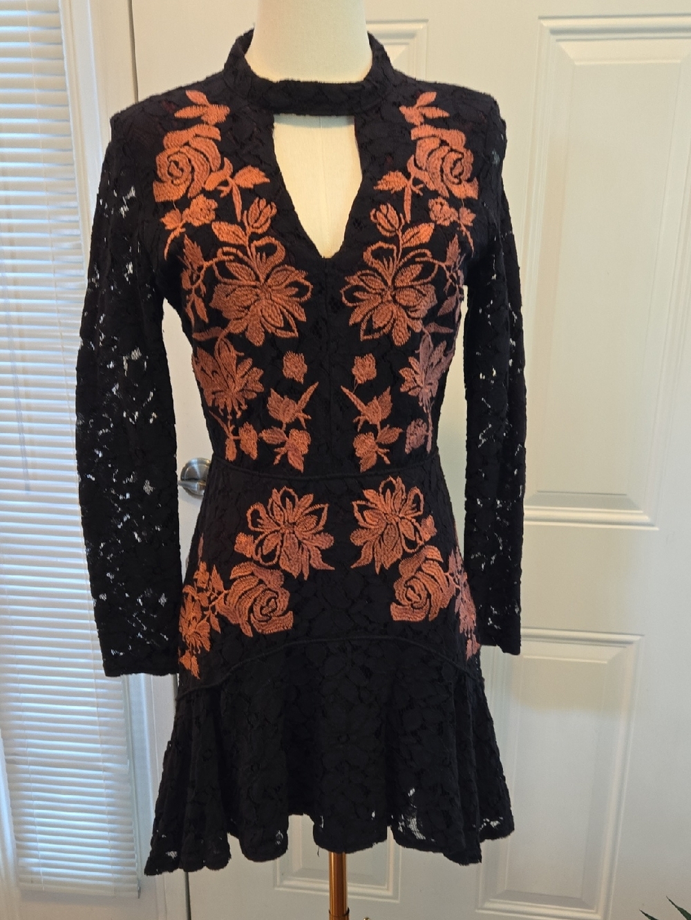 Gianni Bini Black Lace Long-Sleeve Dress with Copper Floral Embroidery